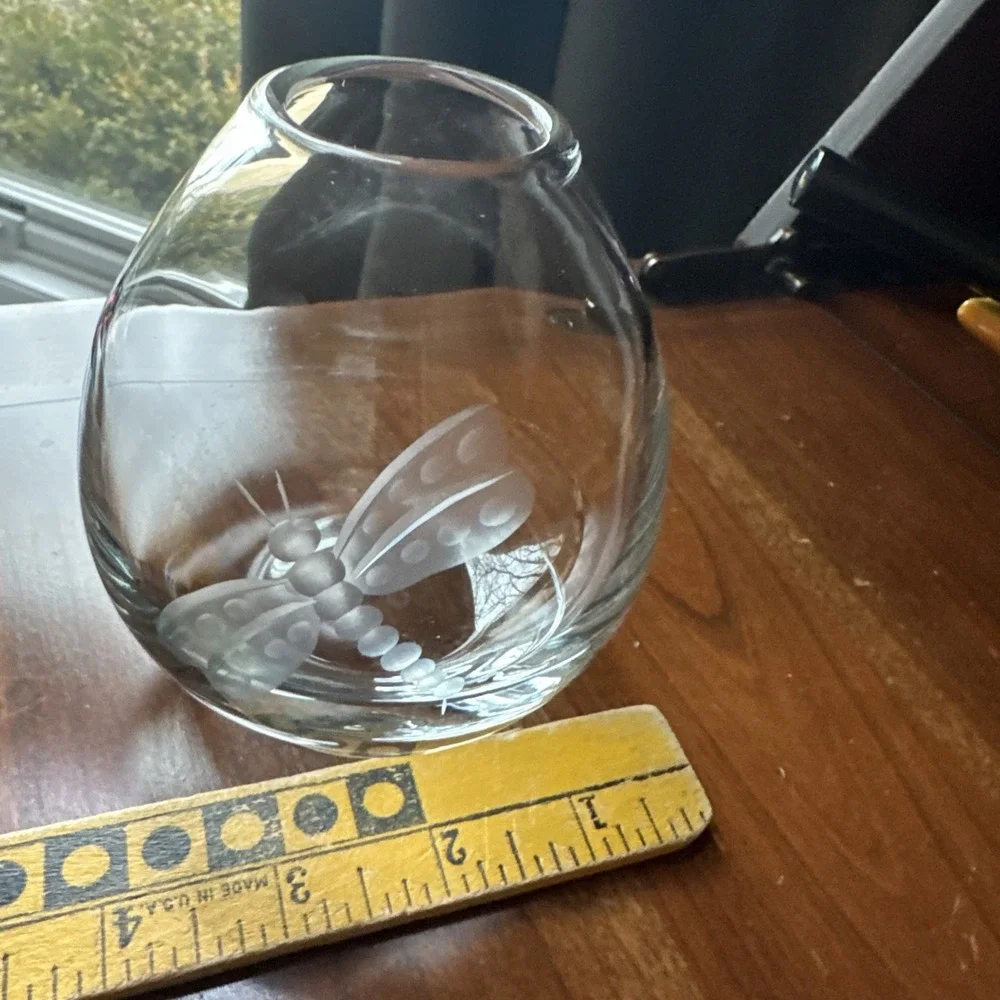 KROSNO Poland Clear Crystal Glass Vase‎ Etched DRAGONFLY for Crate & Barrel 4
